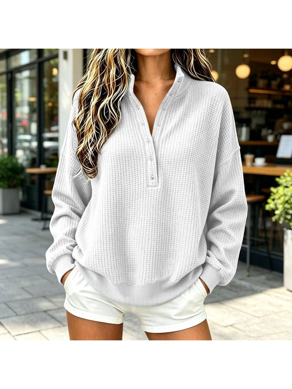 Women's Waffle Knit Henley Pullover Mock Neck Long Sleeve Button Top Relaxed Fit Casual Sweatshirt with Ribbed Trim