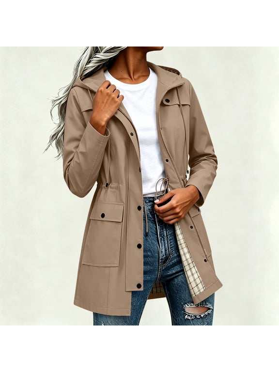 Women's Waterproof Hooded Rain Jacket with Drawstring Waist, Lightweight Plaid Lined Trench Coat, Casual Outdoor Windbreaker for Spring Fall Travel