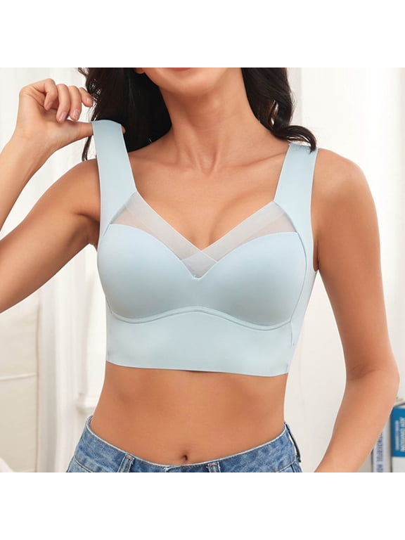 Women's Wireless Seamless Bra with Mesh V-Neck and Wide Straps, Lightweight Pullover Everyday Bralette for Natural Lift and All-Day Comfort