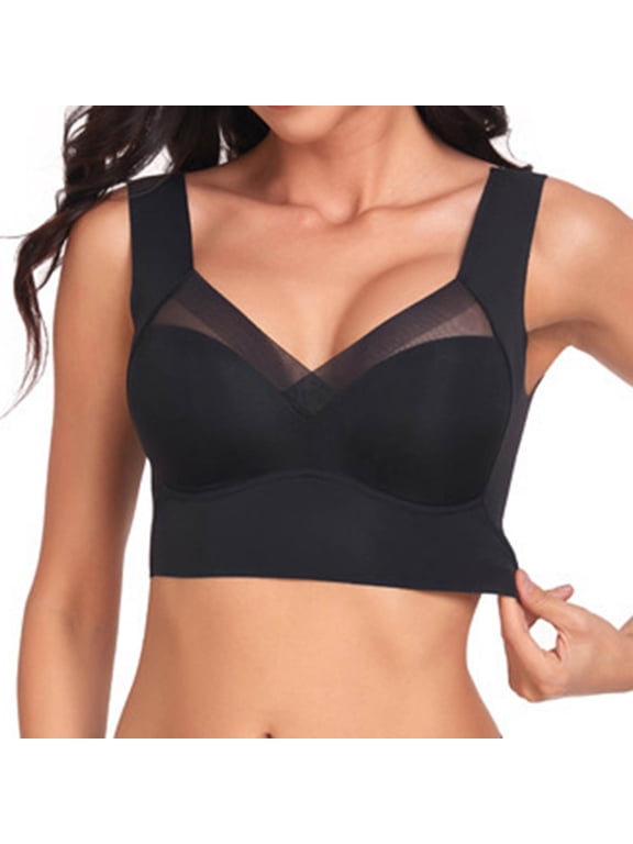 Women's Wireless Seamless Bra with Mesh V-Neck and Wide Straps, Lightweight Pullover Everyday Bralette for Natural Lift and All-Day Comfort
