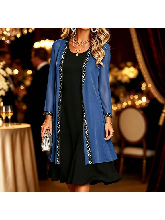 Womens Chiffon Cardigan Open Front Sequin Trim Long Sleeve Duster Evening Cover Up Wedding Party Dressy Sheer Loose Fit Solid Color