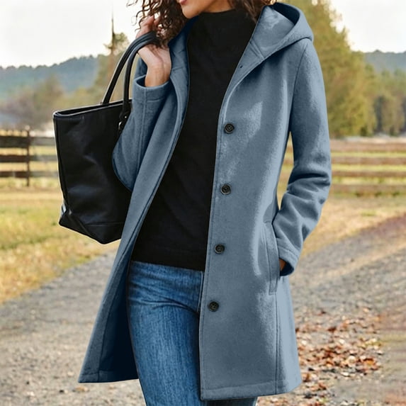 Wovilon Womens Hooded Wool Coat Mid Length Single Breasted Button Front Long Sleeve Warm Winter Outerwear with Pockets Solid Color Fall Clothes