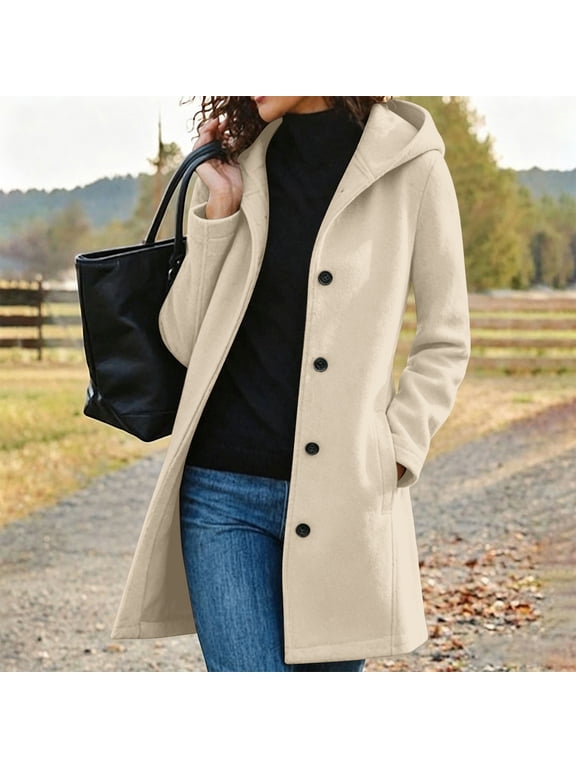 Womens Hooded Wool Coat Mid Length Single Breasted Button Front Long Sleeve Warm Winter Outerwear with Pockets Solid Color Fall Clothes