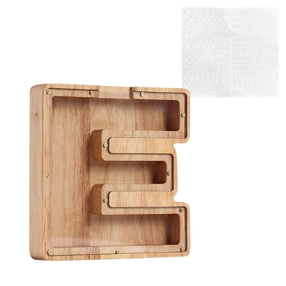Wovilon Wooden Piggy Bank, Twenty-Six English Alphabet Letter for Boys Girls, Wooden Personalized Bills and Coins Bank Money Box, Piggy Banks DIY Name Birthday Gift, Bedroom Living Room Decoration (E)