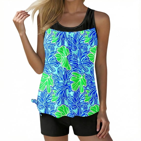 Wovix 2 Piece Tankini Swimsuits for Women with Boyleg Shorts Crewneck Tummy Control Bathing Suits Athletic Swimwear Vacation