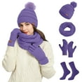 thumbnail image 1 of Wovix 4 Pcs Winter Hat Scarf Gloves Set Fleece Lined Knit Beanie Hat Gloves Sock Scarf Warm Touch Screen Gloves Earmuff Warmer Solid Color for Women Classic Style For Cold Weather Activities 4 Pieces, 1 of 1