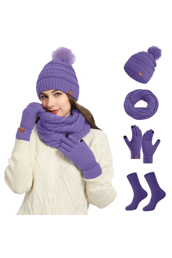 4 Pcs Winter Hat Scarf Gloves Set Fleece Lined Knit Beanie Hat Gloves Sock Scarf Warm Touch Screen Gloves Earmuff Warmer Solid Color for Women Classic Style For Cold Weather Activities 4 Pieces