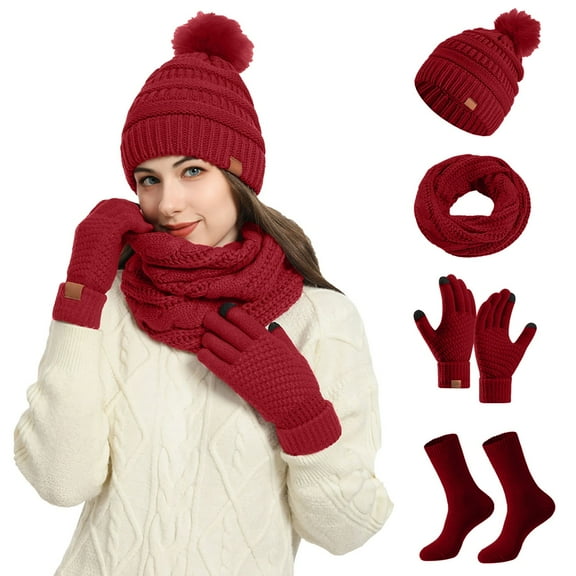 Wovix 4 Pcs Winter Hat Scarf Gloves Set Fleece Lined Knit Beanie Hat Gloves Sock Scarf Warm Touch Screen Gloves Earmuff Warmer Solid Color for Women Classic Style For Cold Weather Activities 4 Pieces