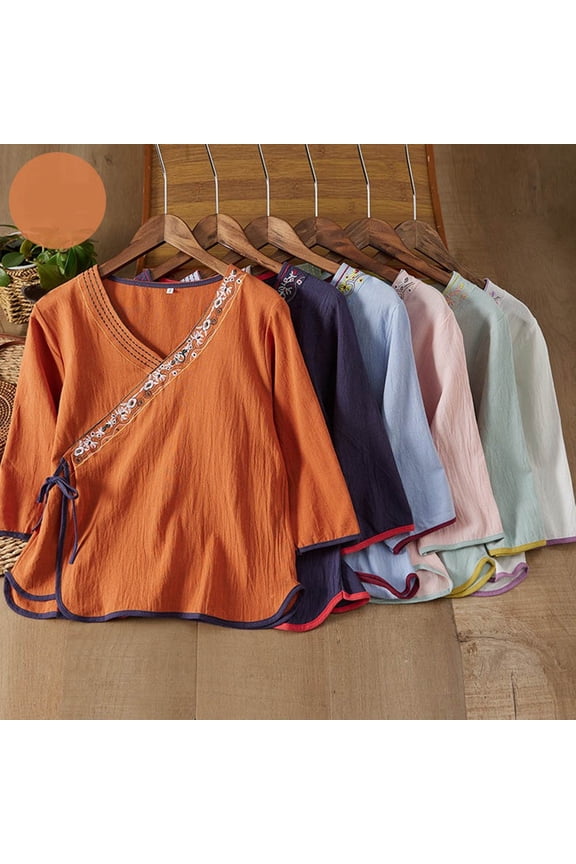 Embroidered Cotton Linen Tops for Women 3/4 Sleeve V Neck Boho Simple Gauze Blouses Dressy Casual Bohemian Summer Shirts Orange L