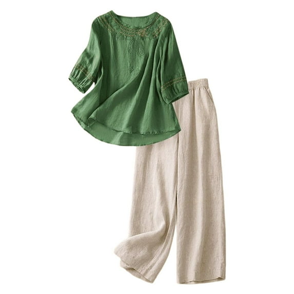 Wovix Fall Outfits For Women 2025 Sets Ethnic Style Short Sleeve Tunic Top With Wide Leg Pants Set Linen Outfit Basic Comfortable Two Piece Casual Sweatsuit Lounge Set Matching Sets