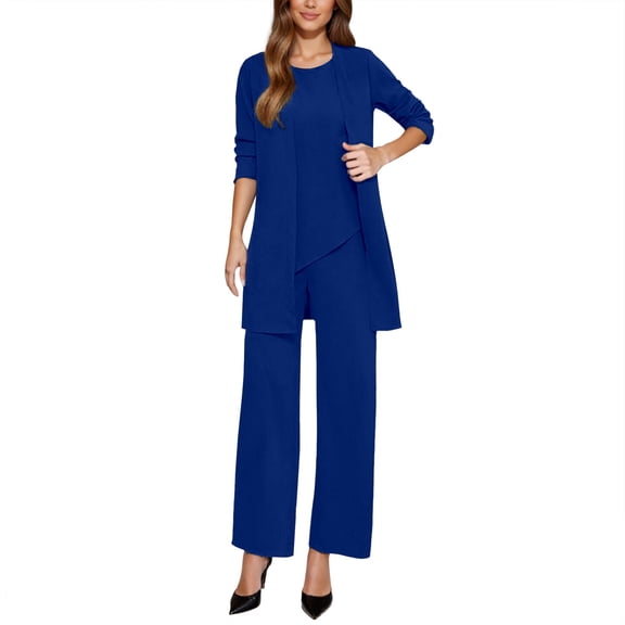 Wovix Fall Outfits For Women 2025 Trendy Sets 3 Piece Suit Set Stylish Formal Workwear Crewneck Elbow Sleeve Solid Color Outfit Long Pants Business Casual Sweatsuit Lounge Set Matching Sets