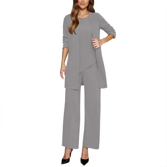 Wovix Fall Outfits For Women 2025 Trendy Sets 3 Piece Suit Set Stylish Formal Workwear Crewneck Elbow Sleeve Solid Color Outfit Long Pants Business Casual Sweatsuit Lounge Set Matching Sets