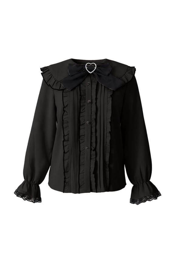 Fashion Shirt for Women Kawaii Clothing Blouse Bow Design Lace Mesh Sheer Long Sleeve Crewneck Tops Black M