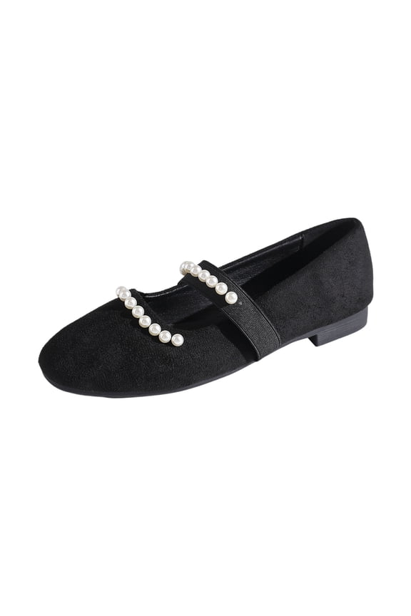 Flower Women Girls Dress Casual Shoes Mary Jane Princess Ballet Flats with Pearl for Party School Daily Black 35