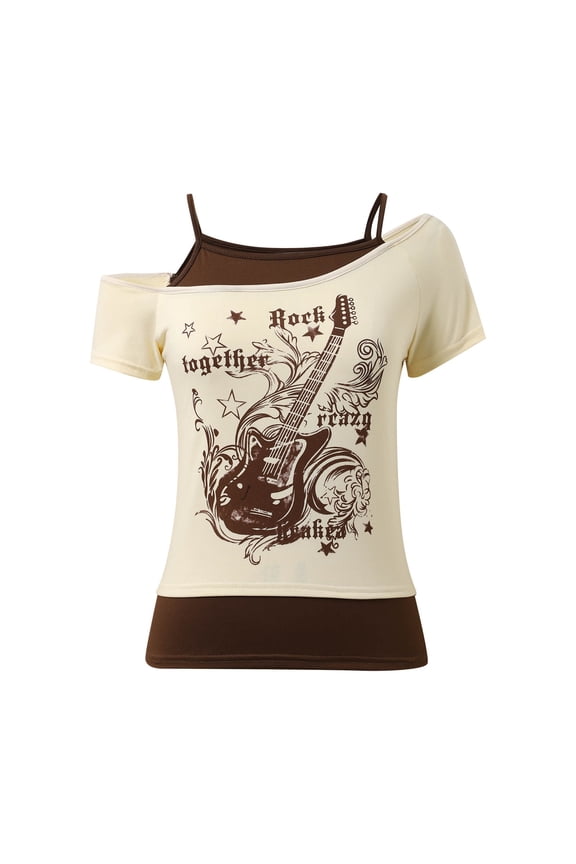 Grunge Shirts for Women Graphic Baby Tees Two Piece Short Sleeve Crewneck Vintage Y2k Crop Top Trendy Clothes Beige XL