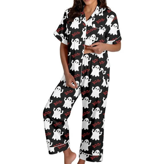 Wovix Halloween Pajamas For Women Set Fall Pjs Floral Print Button Down Comfy Outfit Collared Soft Casual Nightwear Home Wear 2 Piece Sleepwear Lounge Set