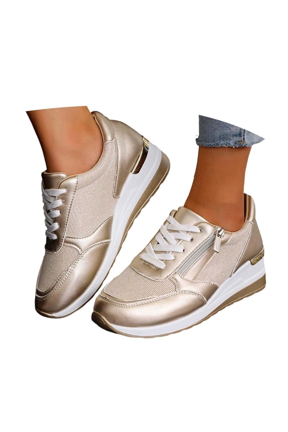 High Heel Wedge Sneakers for Women Platform Fashion Retro Classic Trainers Casual Lace-up Stylish Tennis Running Walking Shoes Gold 37