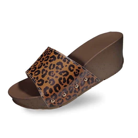 Wovix House Slipper For Women Leopard Print Fashion Open Toed Leather Platform Sandals Comfortable Beach Slippers Indoor Outdoor Shoes