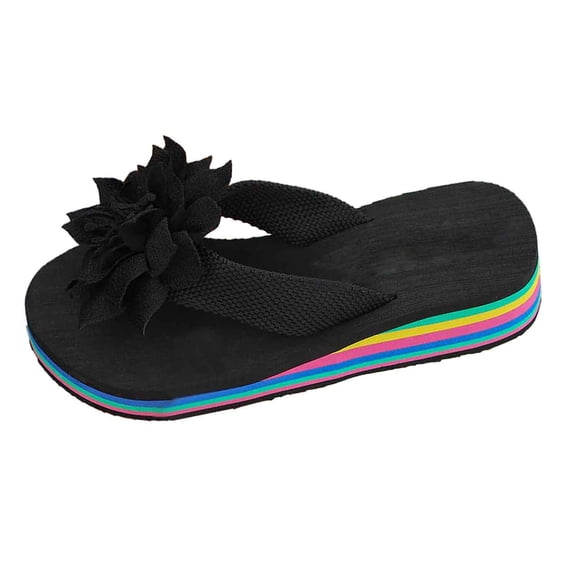 Wovix House Slipper For Women Trendy Rainbow Slippers Casual Beach Wear Open Toe Post Design Floral Details Wedge Heel Indoor Outdoor Shoes