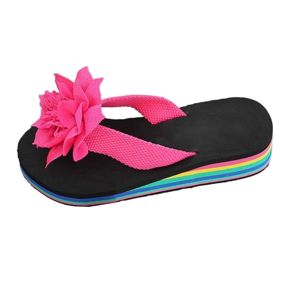 Wovix House Slipper For Women Trendy Rainbow Slippers Casual Beach Wear Open Toe Post Design Floral Details Wedge Heel Indoor Outdoor Shoes