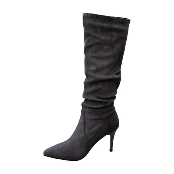 Wovix Knee High Boots for Women Pointed Toe Stiletto High Heel Slouchy Suede with Side Zipper Tall Fashion Boots Trendy Streetwear Shoes Grey 39