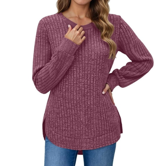 Wovix Long Sleeve Shirts for Women 2025 Fall Solid Color Clothes Tunic Tops Loose Fit Dressy Crewneck Long Sleeve Pullover Sweaters Curved Hem Basic Warm For Daily