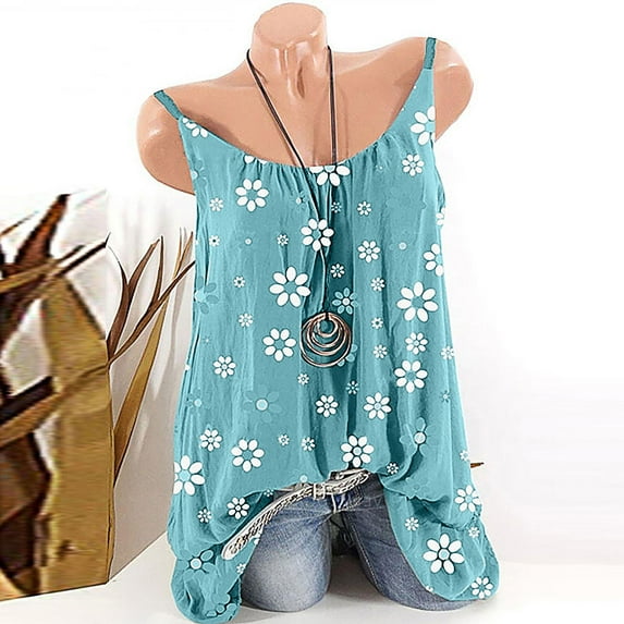 Wovix Plus Size Tank Tops for Women Dress Loose Fit Sleeveless Flowy Spaghetti Strap Crewneck Summer Camisoles Blue XXXXL