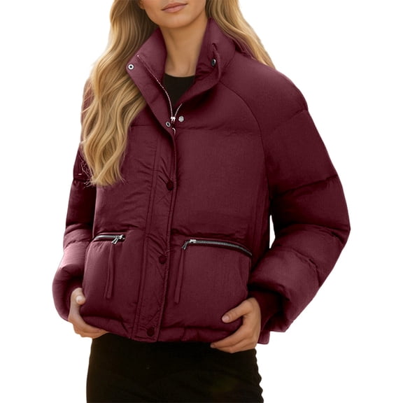 Wovix Puffer Jacket Womens Oversized Cropped Puffy Quilted Long Sleeve Full Zipper Winter Jackets Thermal Basic Coat Daily For Cold Weather