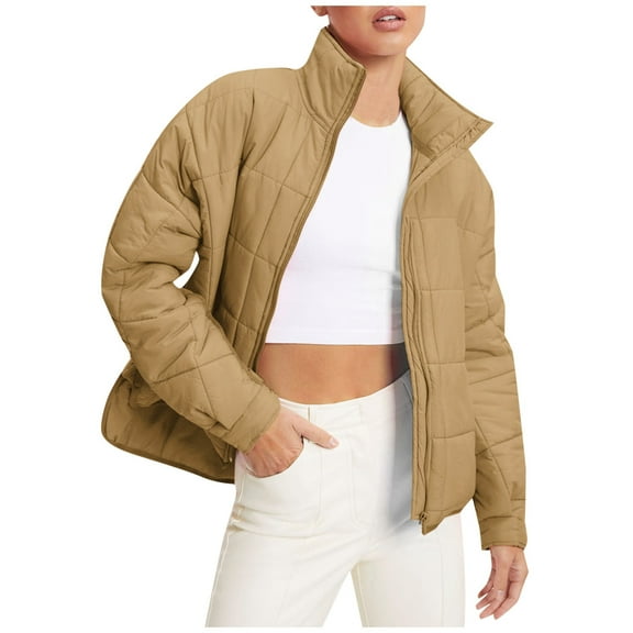 Wovix Quilted Lightweight Jackets For Women Full-zip Stand Collar Loose Warm Winter Outwears with Pockets Solid Color Basic Lightweight Daily Fall Winter