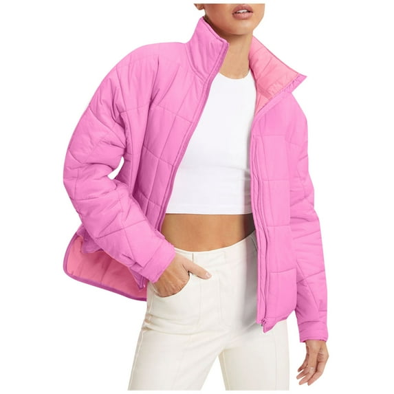 Wovix Quilted Lightweight Jackets For Women Full-zip Stand Collar Loose Warm Winter Outwears with Pockets Solid Color Basic Lightweight Daily Fall Winter