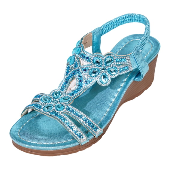 Wovix Sandals For Women Rhinestone Sandals T-Strap Buckle Bohemian Pearl Crystal Flat Sandals Shoes Indoor Outdoor Shoes Blue 36