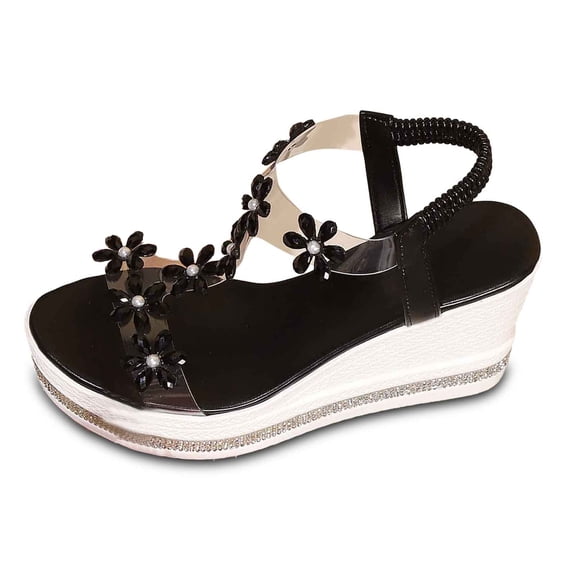 Wovix Sandals For Women Rhinestones Wedge Sandals Sparkly Dressy Open Toe Low Platform Slip On Shoes Casual Daily Wear Black 37