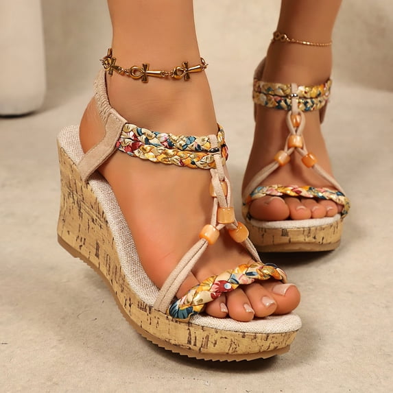 Wovix Sandals for Women Fashion Elegant Bohemian Platform Slippers Comfortable Casual Summer Work Daily Shoes Beige 43
