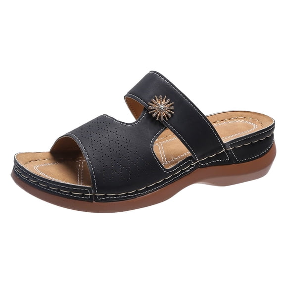 Wovix Slippers For Women Double Band Shoes Artificial Leather Home Holiday Work Sandals Simple Arch Support Wedge Footwear Daily Wear