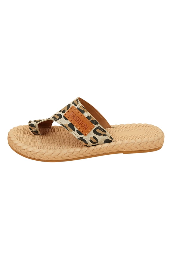 Slippers For Women Fashion Leopard Print Open Toe Artificial Leather Platform Sandals Comfortable Beach Flat Daily Wear