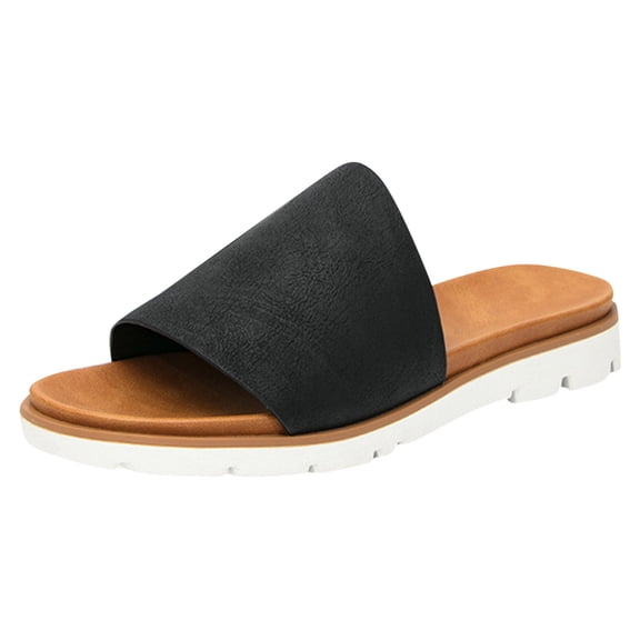 Wovix Slippers For Women Faux Leather Flat Trendy Open Toe Thick Slippers Comfortable Shoes Daily Wear