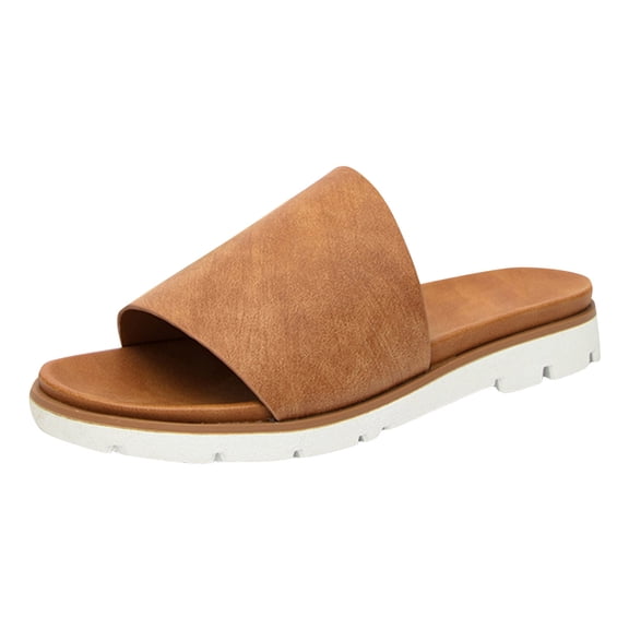 Wovix Slippers For Women Faux Leather Flat Trendy Open Toe Thick Slippers Comfortable Shoes Daily Wear