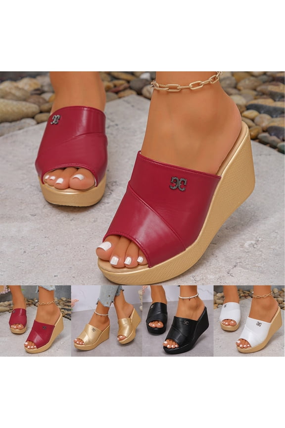 Slippers For Women Faux Leather Plaid Shoes Wedge Sandals Beach Footwear Open Toe Casual Daily Wear Black 35