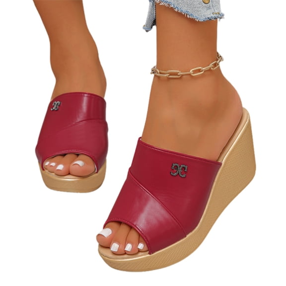 Wovix Slippers For Women Faux Leather Plaid Shoes Wedge Sandals Beach Footwear Open Toe Casual Daily Wear Black 35