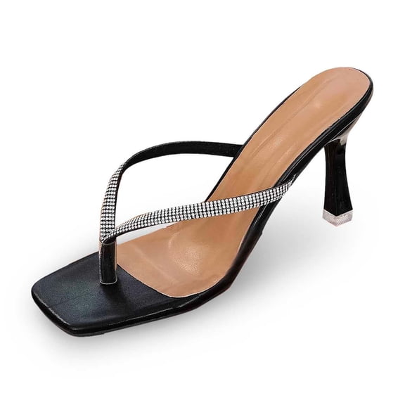Wovix Slippers For Women Square Open Toe Flip Flops Stiletto Heels Strappy Fashion Party Wedding Dress Thong Sandals Daily Wear Black 36
