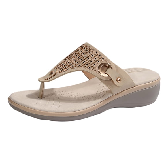 Wovix Slippers For Women T Strap Dress Sandals Open Toe Thong Walking Wedge Sandals Casual Daily Wear Beige 37