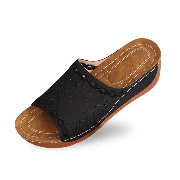 Wovix Slippers For Women Comfy Breathable Artificial Leather Adjustable Strap Open Toe Wedge Classic Slip-On Mules Shoes Indoor Outdoor Shoes Black 37