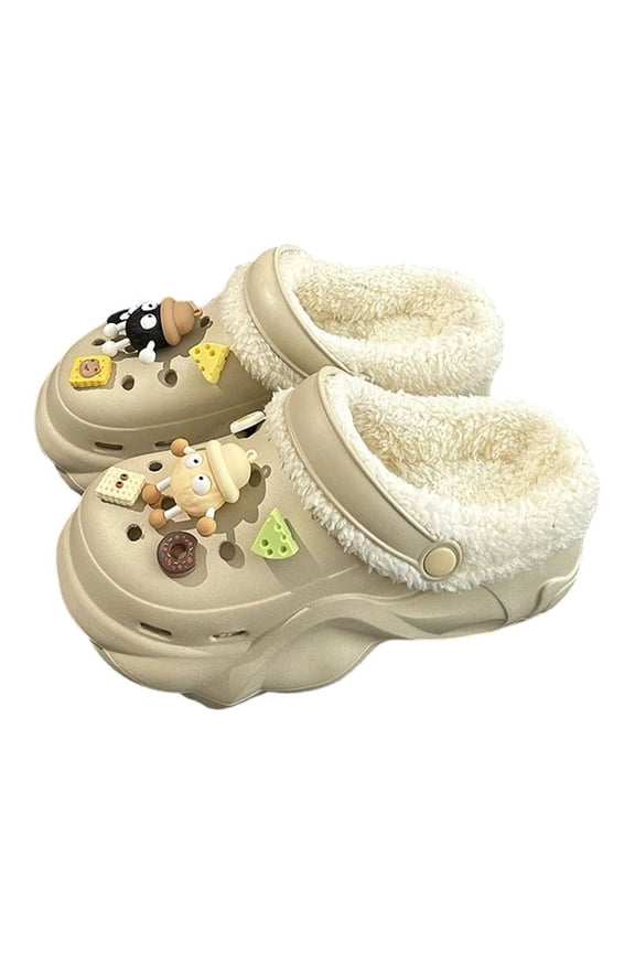 Solid Color Thermal Lined Clogs On Soft Sole Platform Non- Fuzzy Shoes Winter Plush Closed Toe Shoes Backless Trendy Daily Khaki 37