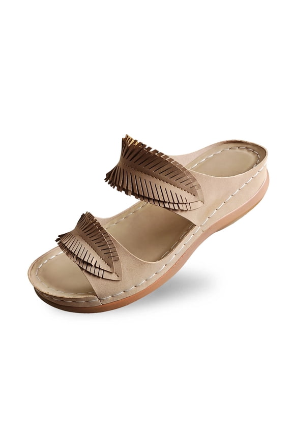 Summer Slipper For Women Double Band Open Toe Walking Sandals Slip-On Dressy Casual Footwear Indoor Outdoor Shoes Khaki 37
