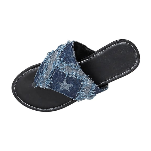 Wovix Summer Slipper For Women Plaid Denim Flat Sandals Vintage Raw Trim Open Toe Non Slip Jean Slide Thong Sandals Indoor Outdoor Shoes Blue 37