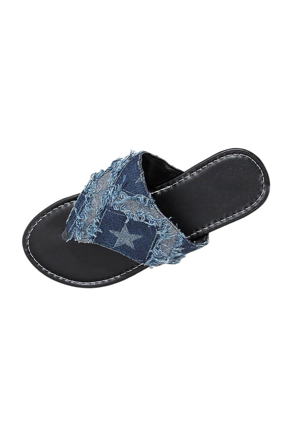 Summer Slipper For Women Plaid Denim Flat Sandals Vintage Raw Trim Open Toe Non Slip Jean Slide Thong Sandals Indoor Outdoor Shoes Blue 37