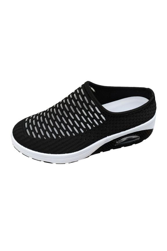 Summer Slipper For Women Mule Sneakers Breathable Air Cushion Wedge Backless Walking Shoe Lightweight Platform Orthotic Clog Daily Wear Black 37