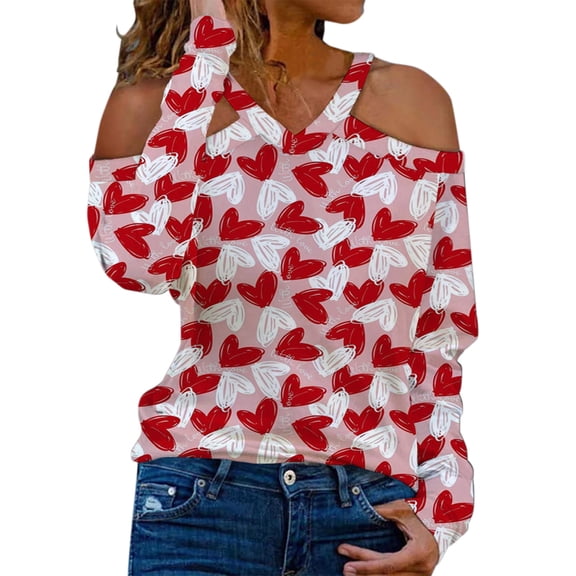 Wovix Valentine'S Day Shirts For Women Cold Shoulder Lightweight Breathable Tees V Neck Long Sleeve Pullover Casual Loose Outfits Trendy Tee Gifts
