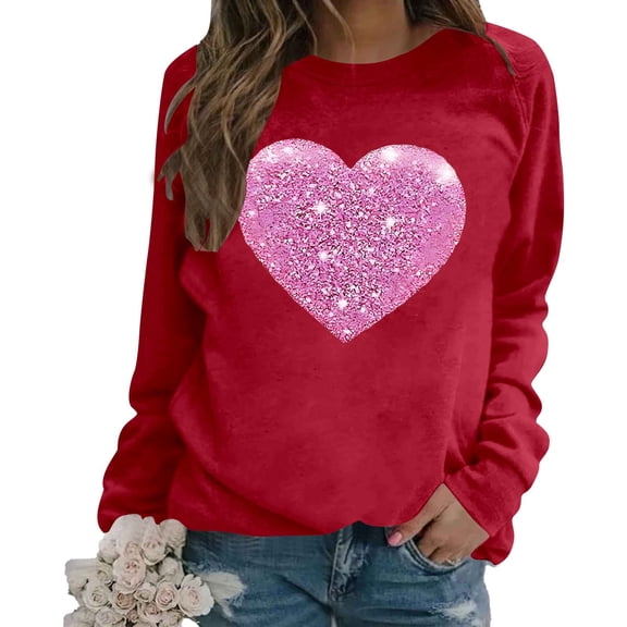 Wovix Valentine's Day Women's Funny Love Heart Graphic Sweatshirts Casual Long Sleeve Crewneck Pullover Oversized Front Big Cute Heart Top