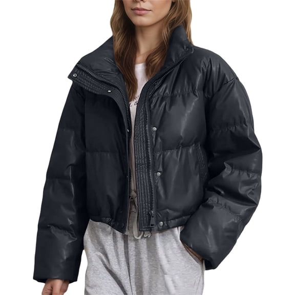 Wovix Winter Cropped Puffer Jacket Coats for Women 2025 Short Thermal Quilted Jackets Long Sleeve Outerwear with Pockets Solid Color Basic Parka Cold Weather